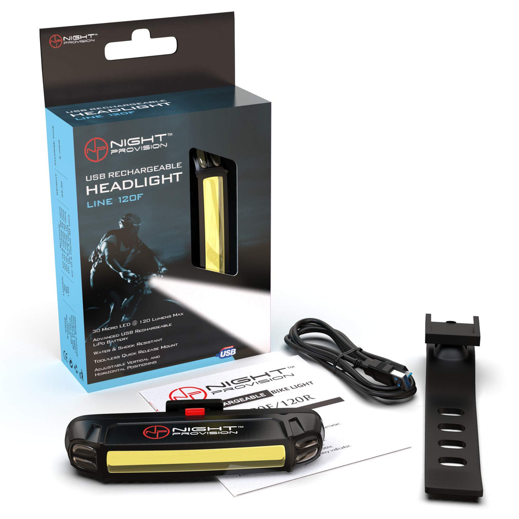 NIGHT PROVISION™ LINE 120F | FRONT BICYCLE HEADLIGHT MICRO USB RECHARGABLE LED 120 LUMENS