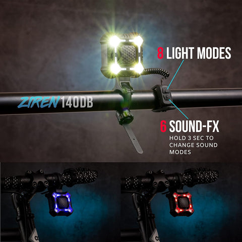 PS1200-ZRN: RED/BLUE FRONT & OPTIKS-P220 REAR W/ZIREN-140DB BIKE HORN - FOR PROFESSIONAL USE ONLY