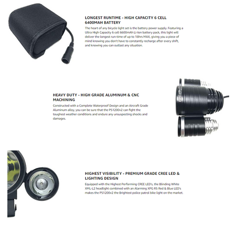 PS1200 FRONT & OPTIKS P220 REAR POLICE PATROL BIKE LIGHT - RED/BLUE STROBE LED - RECHARGEABLE - WATER PROOF - 5 MODES - FOR PROFESSIONAL USE ONLY