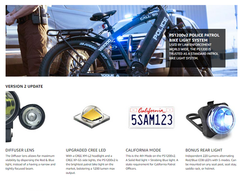PS1200 FRONT & OPTIKS P220 REAR POLICE PATROL BIKE LIGHT - RED/BLUE STROBE LED - RECHARGEABLE - WATER PROOF - 5 MODES - FOR PROFESSIONAL USE ONLY