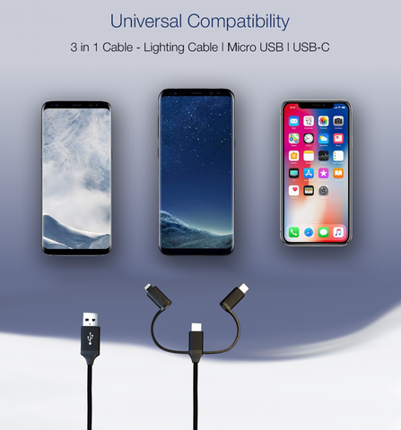3 IN 1 USB NYLON BRAIDED CABLE CHARGER LIGHTNING / TYPE C / MICRO USB (1.5 FT, BLACK)