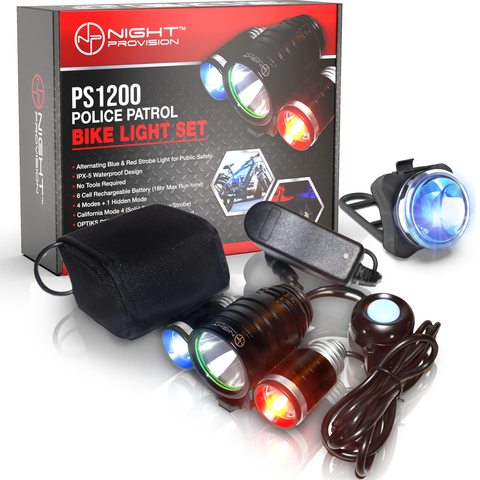 PS1200 FRONT & OPTIKS P220 REAR POLICE PATROL BIKE LIGHT - RED/BLUE STROBE LED - RECHARGEABLE - WATER PROOF - 5 MODES - FOR PROFESSIONAL USE ONLY