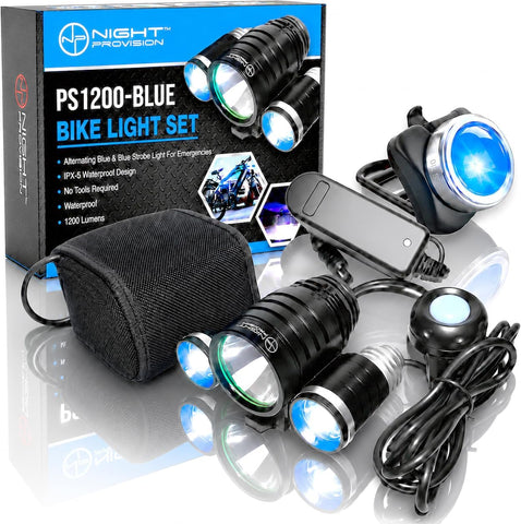 PS1200-BLUE Front & OPTIKS Rear Bike Light - 1200 Lumens White Headlight - 5 Modes - Blue LED - Rechargeable - Water Proof