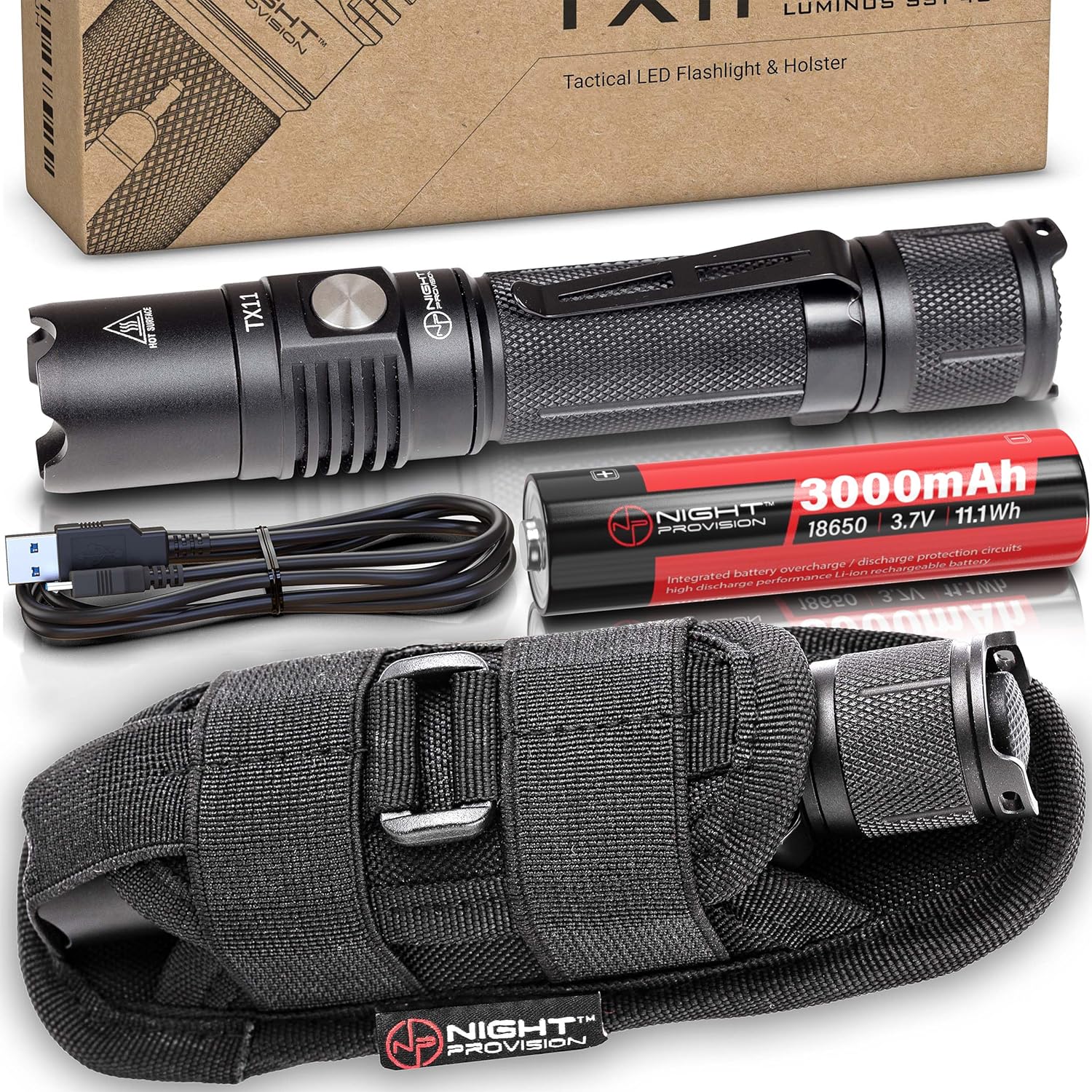 TX11 Tactical Flashlight & TH2C Premium Holster w/ USB-C Rechargeable Battery Luminus 1600 Lumens LED For Police Security Military Grade Brightest Tac TX11 Tactical Flashlight & TH2C Premium Holster w/ USB-C Rechargeable Battery Luminus 1600 Lumens LED For Police Security Military Grade Brightest Tac