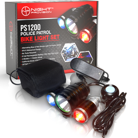 PS1200 FRONT & OPTIKS P220 REAR POLICE PATROL BIKE LIGHT - RED/BLUE STROBE LED - RECHARGEABLE - WATER PROOF - 5 MODES - FOR PROFESSIONAL USE ONLY