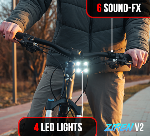 ZIREN-V2 High-Traffic Bike Horn Siren Bell & LED Light Super Loud Electric Alert New Control Switch USB-C Rechargeable IPX4 Front and Back Lights (Version 2)