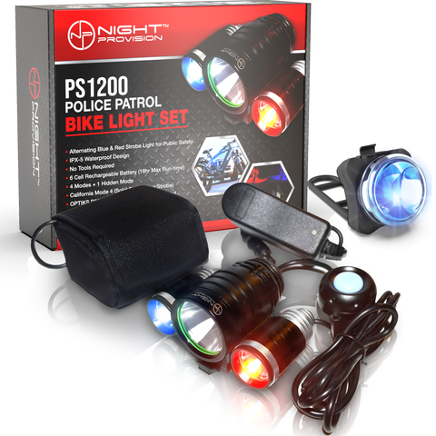 PS1200 Front & OPTIKS 210 Rear Police Patrol Bike Light - Red/Blue Strobe LED - Rechargeable - Water Proof - 5 Modes
